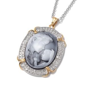 GRAY CAMEO YELLOW GOLD IP PENDANT NECKLACE CRYSTAL MOTHER AND CHILD